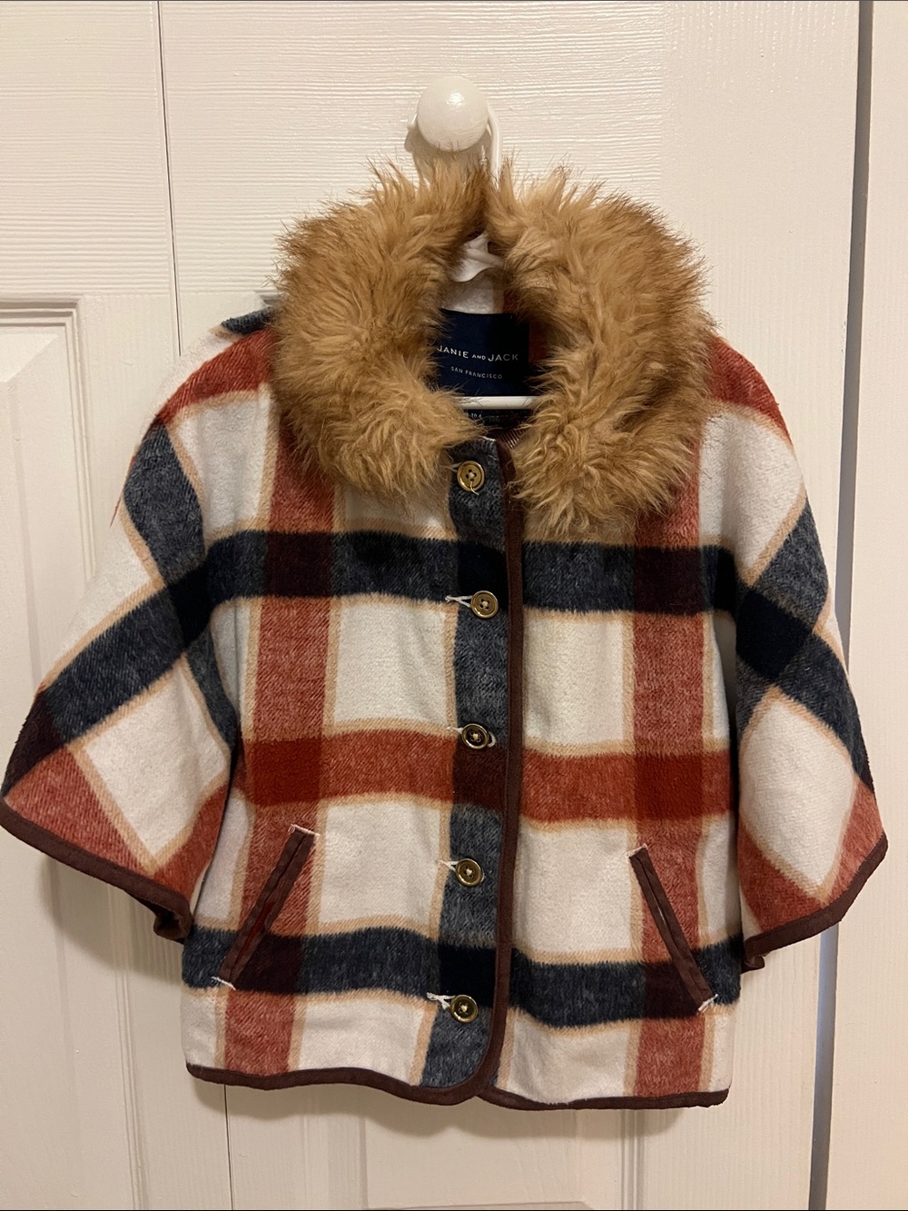 Janie and Jack Plaid Cape with Faux-Fur Trim in Rust, Navy & White